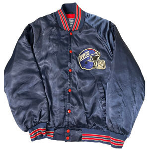 NY Giants Blue Satin Bomber Jacket VTG 80s NFL Stahl Urban USA Mens L